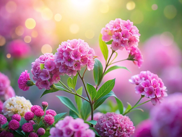 Close-up of pink flowers in full bloom, surrounded by a soft-focus background of additional floral blooms and a warm, glowing light.