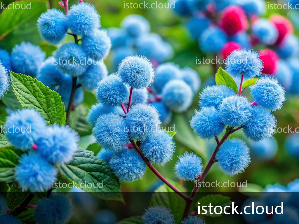 Close-up of vibrant blue fluffy blooms surrounded by green leaves, showcasing a mystical garden scene.