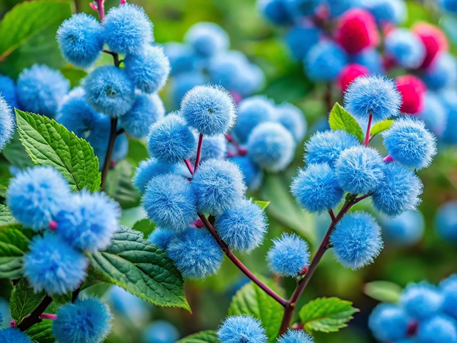 Close-up of vibrant blue fluffy blooms surrounded by green leaves, showcasing a mystical garden scene.