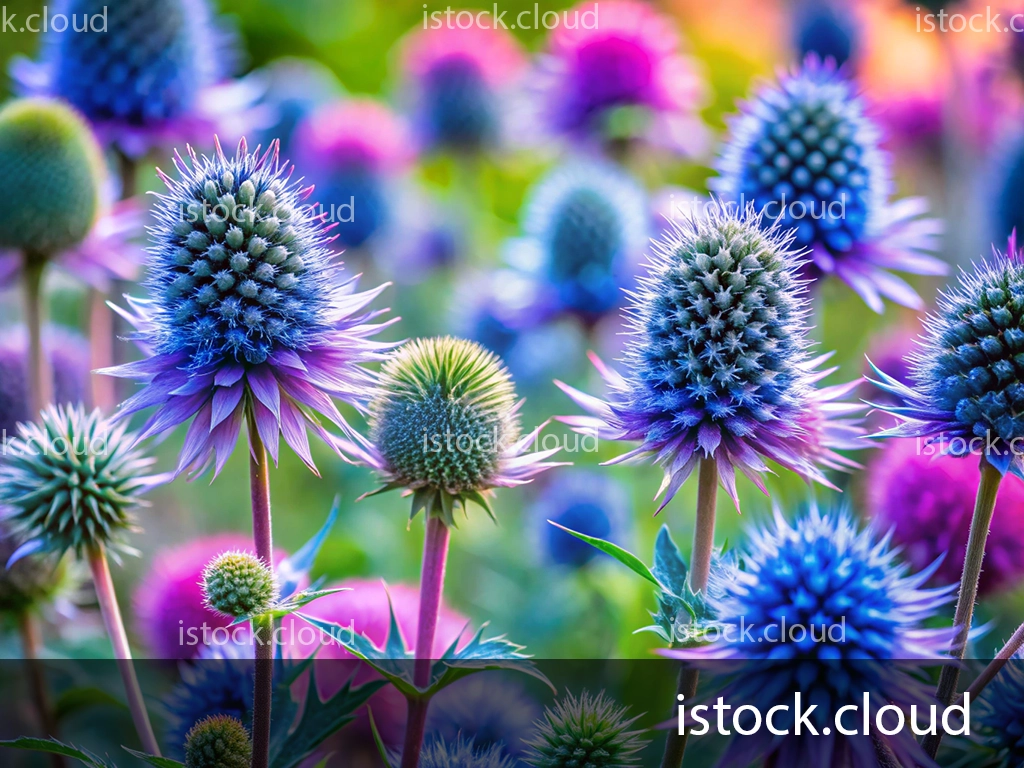 A close-up view of colorful thistle flowers, showcasing shades of blue and purple, with spiky petals and a blurred background of similar hues.