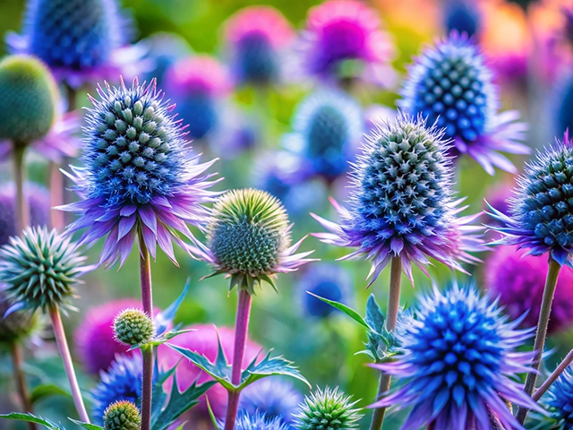 A close-up view of colorful thistle flowers, showcasing shades of blue and purple, with spiky petals and a blurred background of similar hues.