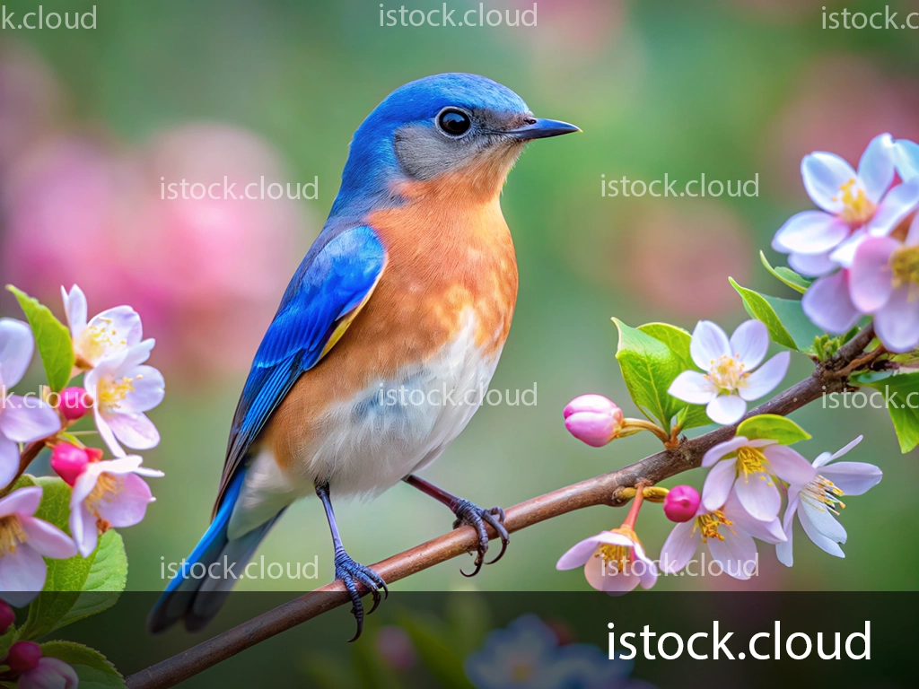 A colorful bluebird with a bright blue head and orange chest resting on a branch surrounded by pink and white flowers.