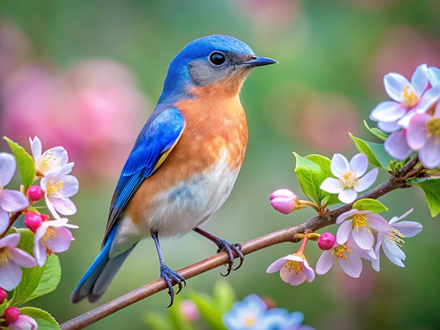 A colorful bluebird with a bright blue head and orange chest resting on a branch surrounded by pink and white flowers.