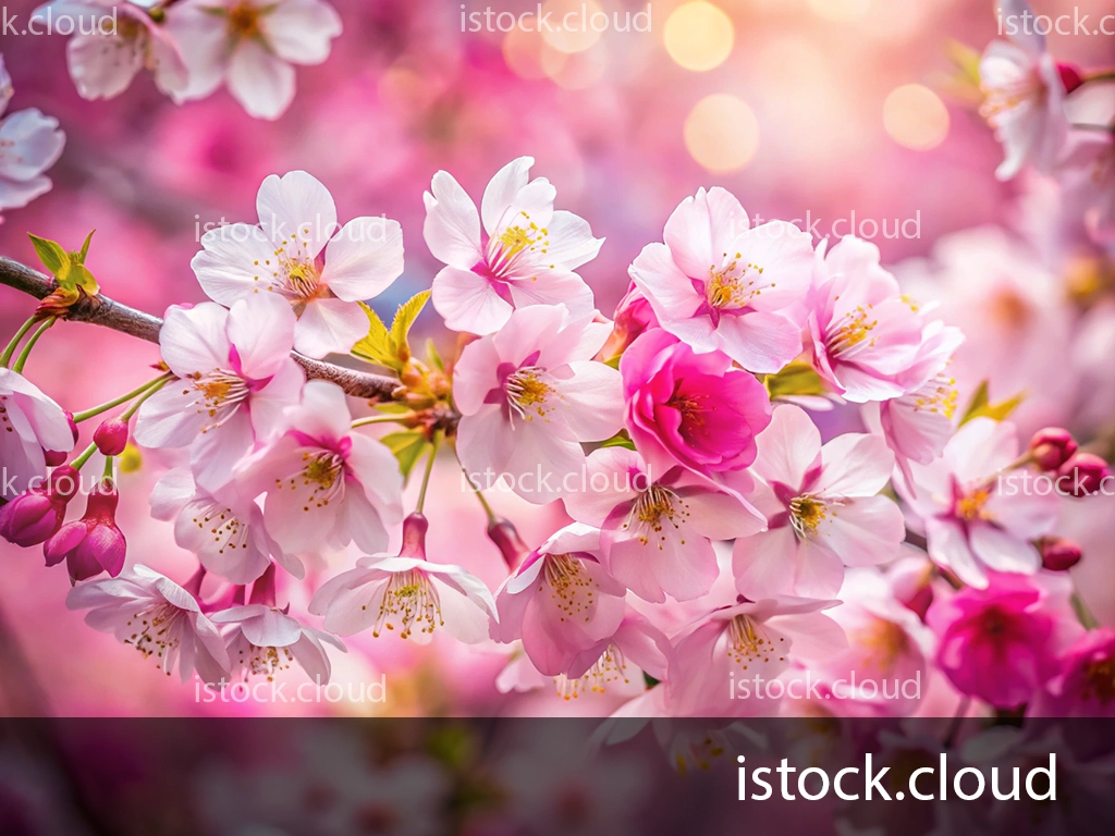 Close-up of cherry blossom flowers in varying shades of pink, showcasing delicate petals and buds against a soft, blurred background.