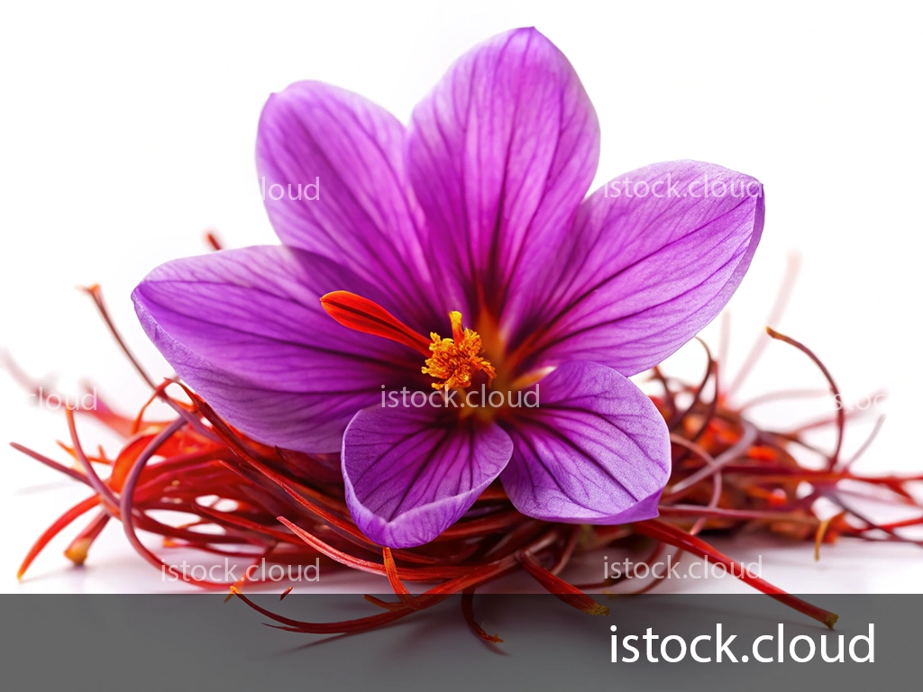 A close-up of a vibrant purple flower with delicate petals and a central cluster of yellow stamens, surrounded by strands of saffron.