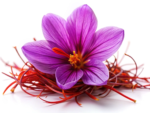 A close-up of a vibrant purple flower with delicate petals and a central cluster of yellow stamens, surrounded by strands of saffron.