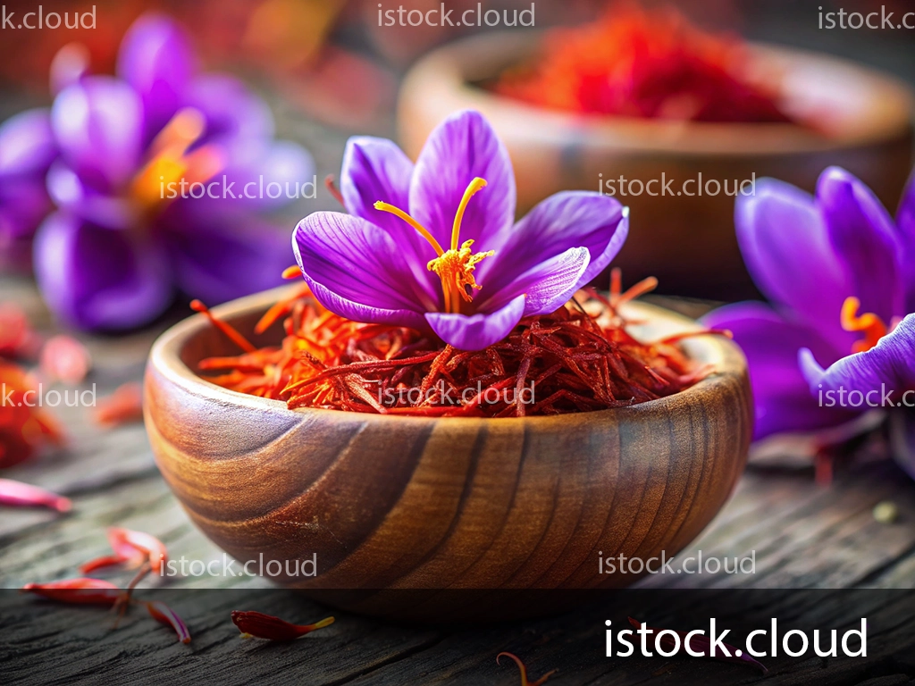 Close-up image of a wooden bowl filled with saffron threads, topped with purple crocus flowers, with scattered saffron and flowers on a rustic wooden surface.