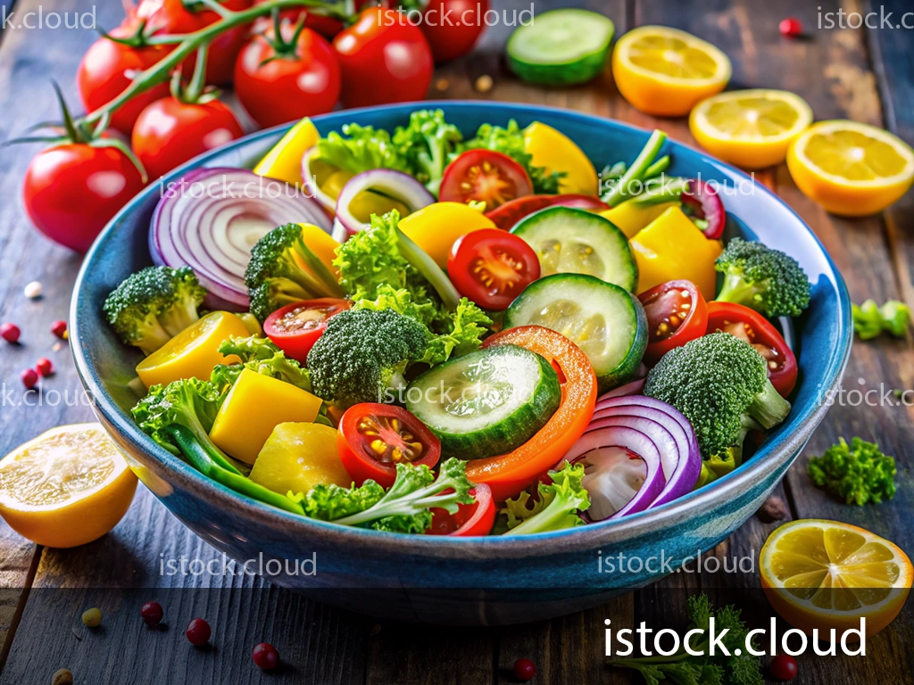 A colorful salad bowl filled with fresh vegetables including cucumbers, tomatoes, bell peppers, broccoli, and lettuce, alongside sliced lemons on a wooden table.