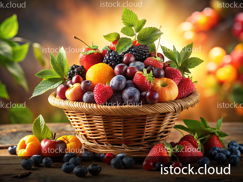 A wicker basket filled with an assortment of colorful fruits, including strawberries, blueberries, blackberries, grapes, raspberries, oranges, apples, apricots, and green leaves, set against a blurred warm background.