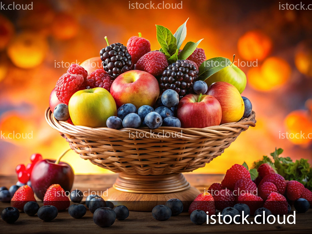 A beautifully arranged wicker basket filled with various fruits, including red and green apples, blackberries, raspberries, blueberries, and cherries, set against a warm, colorful background.