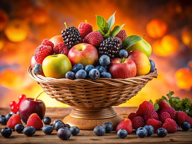 A beautifully arranged wicker basket filled with various fruits, including red and green apples, blackberries, raspberries, blueberries, and cherries, set against a warm, colorful background.