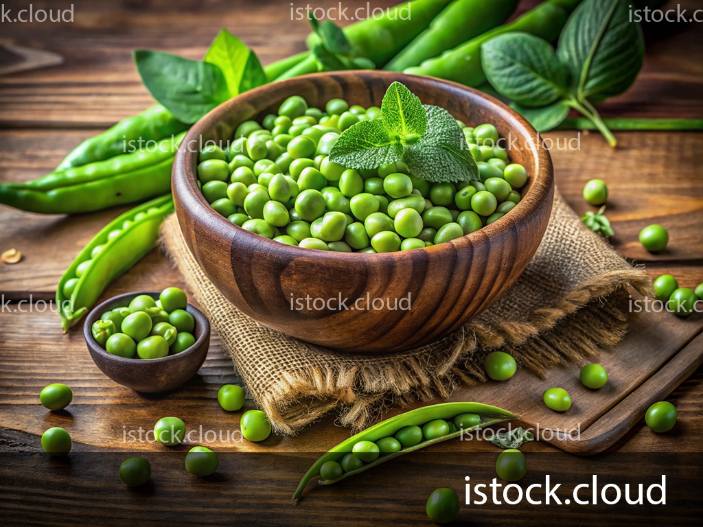 A wooden bowl filled with fresh green peas, garnished with a mint leaf, surrounded by pea pods, scattered peas, and green leaves on a rustic wooden table.