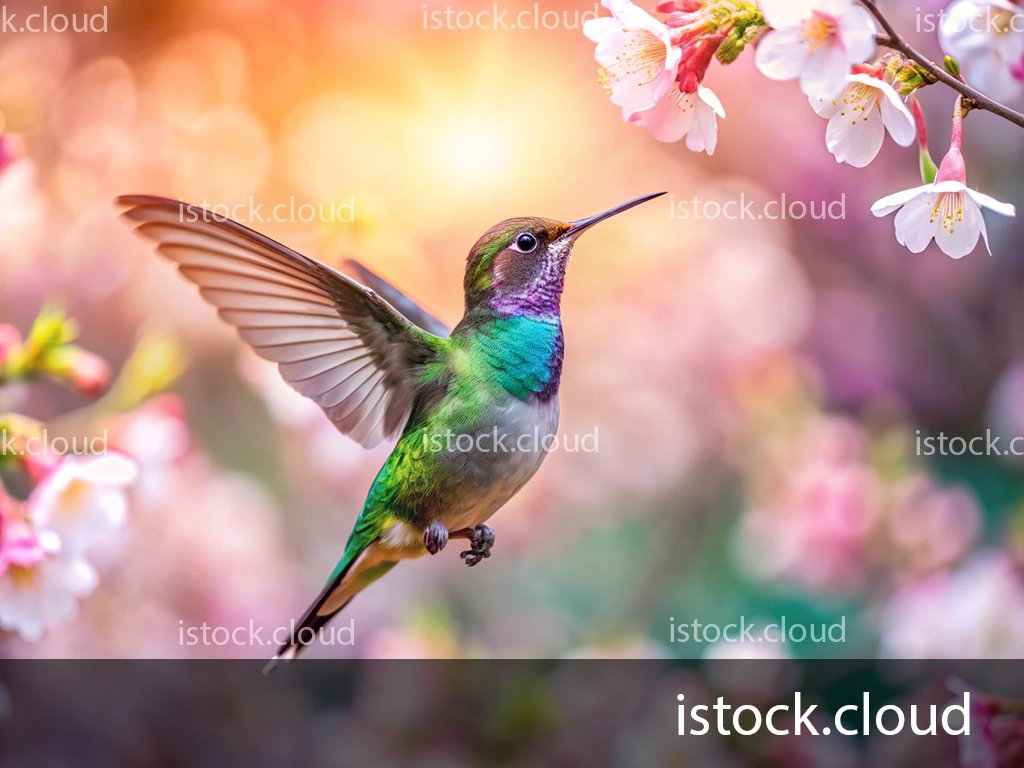 A colorful hummingbird with iridescent green and purple plumage hovers in front of delicate cherry blossom flowers, set against a soft, illuminated background.
