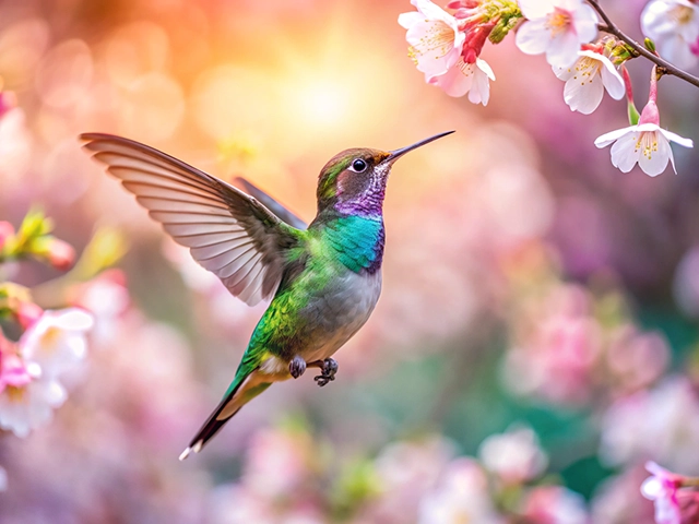 A colorful hummingbird with iridescent green and purple plumage hovers in front of delicate cherry blossom flowers, set against a soft, illuminated background.