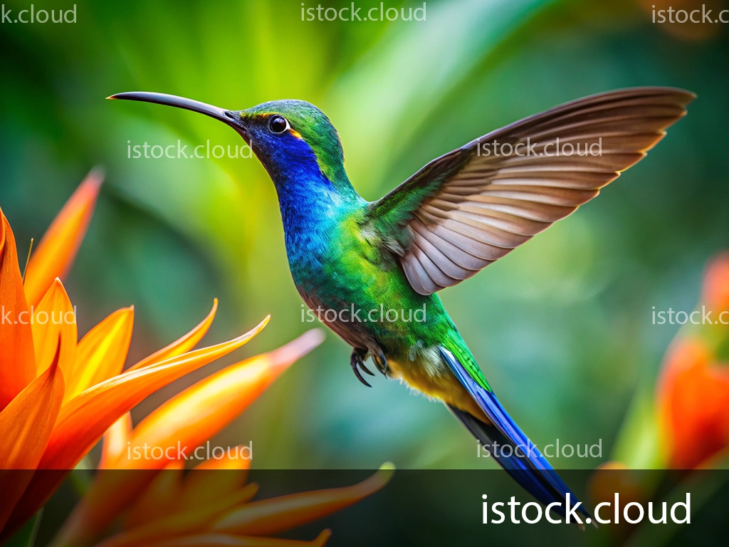 A colorful hummingbird with iridescent green and blue feathers hovering near an orange tropical flower, surrounded by lush greenery.