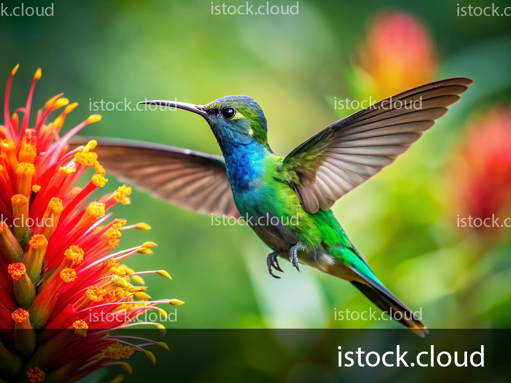 A vibrant hummingbird with iridescent green and blue feathers hovering near a bright red and orange flower, surrounded by green foliage.