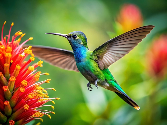 A vibrant hummingbird with iridescent green and blue feathers hovering near a bright red and orange flower, surrounded by green foliage.