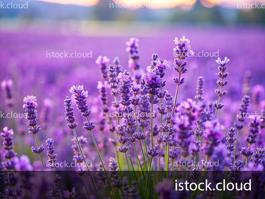 A close-up view of blooming lavender flowers with shades of purple, set against a soft, blurred lavender field in the background during sunset.