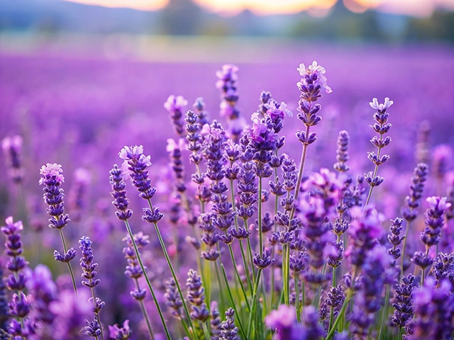 A close-up view of blooming lavender flowers with shades of purple, set against a soft, blurred lavender field in the background during sunset.