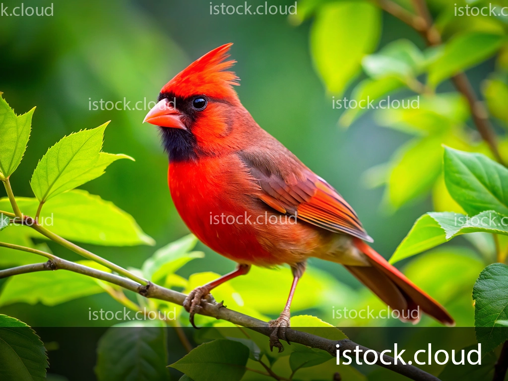 A close-up of a bright red Northern Cardinal bird perched on a branch surrounded by lush green leaves.