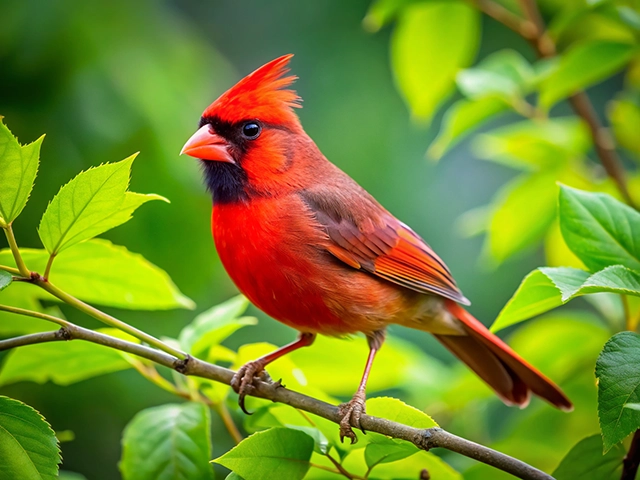 A close-up of a bright red Northern Cardinal bird perched on a branch surrounded by lush green leaves.