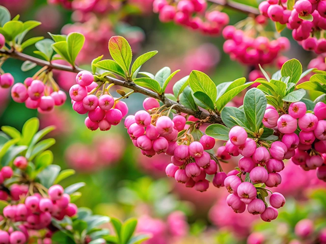 Close-up of a flowering branch with clusters of bright pink berries and green leaves against a blurred background of more pink flowers.