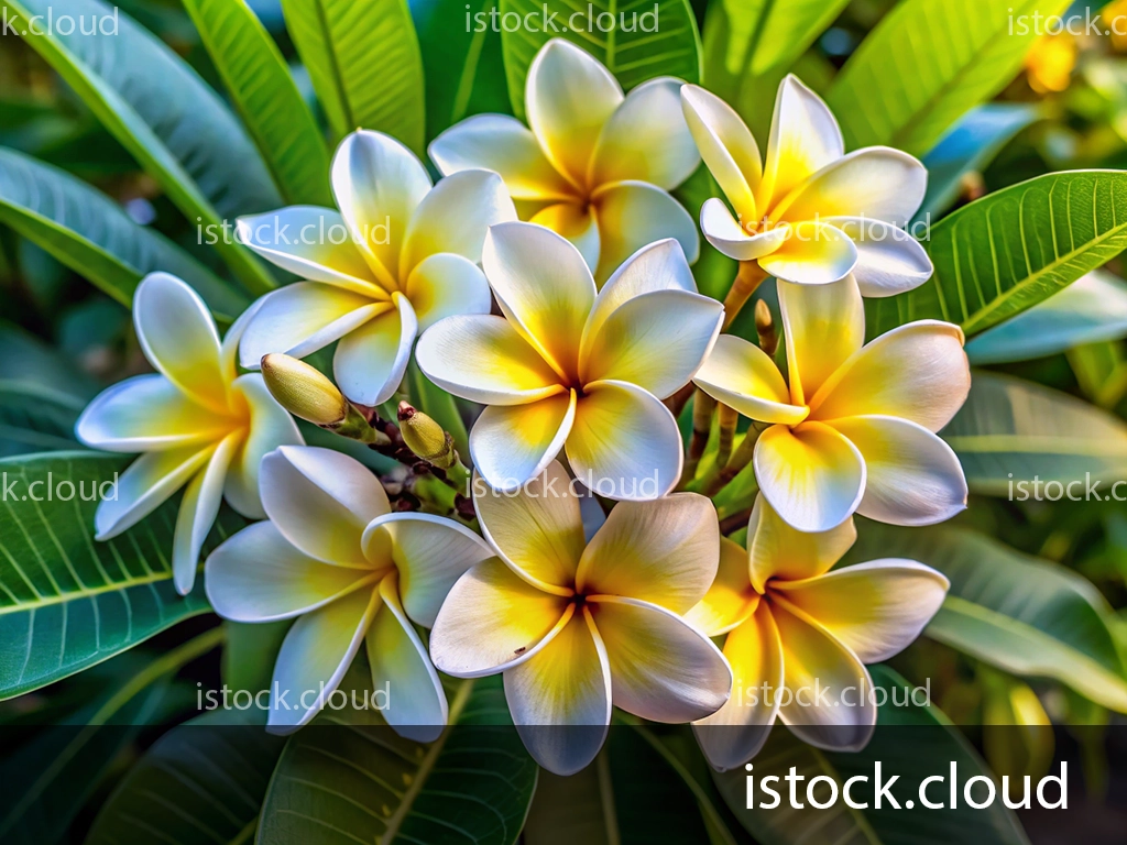 A close-up image of a cluster of white and yellow plumeria flowers surrounded by green leaves. The flowers have a soft gradient of yellow at the center and elegantly curved petals, creating a vibrant and tropical feel.