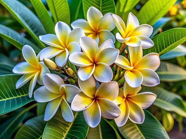 A close-up image of a cluster of white and yellow plumeria flowers surrounded by green leaves. The flowers have a soft gradient of yellow at the center and elegantly curved petals, creating a vibrant and tropical feel.