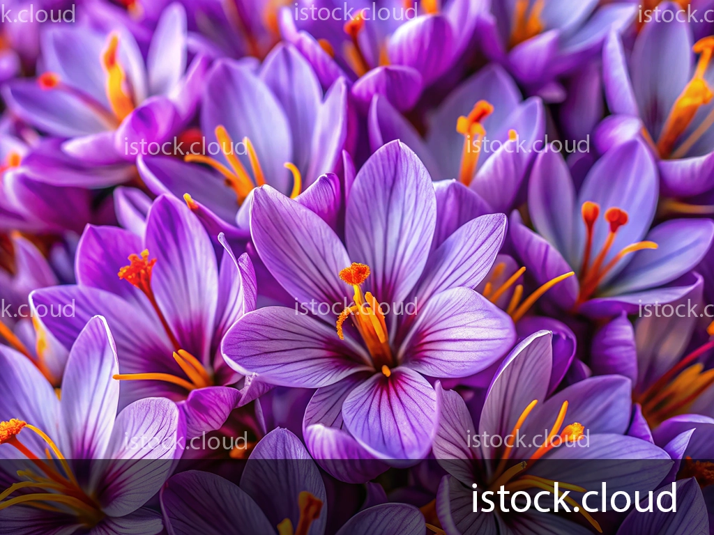 Close-up view of vibrant purple crocus flowers showcasing delicate petals and bright orange stamens.