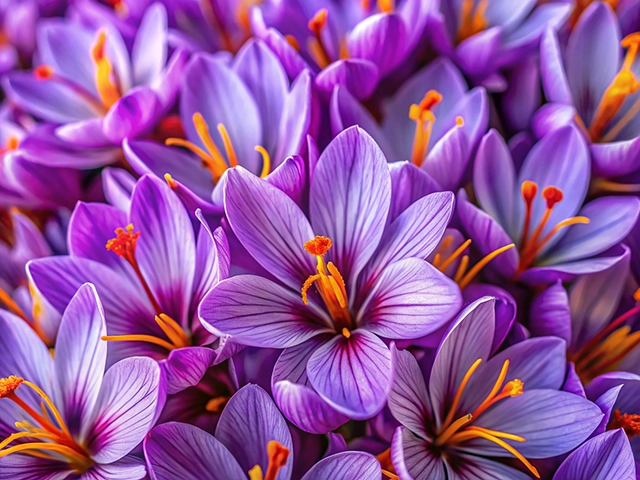 Close-up view of vibrant purple crocus flowers showcasing delicate petals and bright orange stamens.