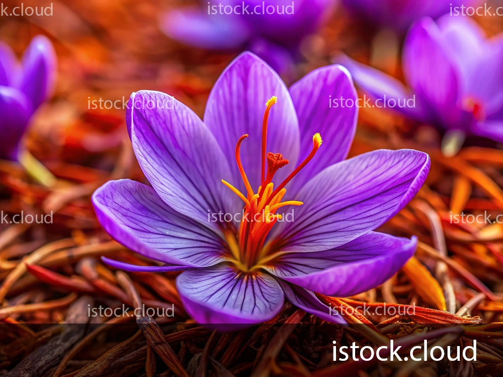 Close-up of a vibrant purple saffron flower with delicate petals and bright yellow stamens set against a background of orange and brown strands.