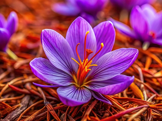 Close-up of a vibrant purple saffron flower with delicate petals and bright yellow stamens set against a background of orange and brown strands.