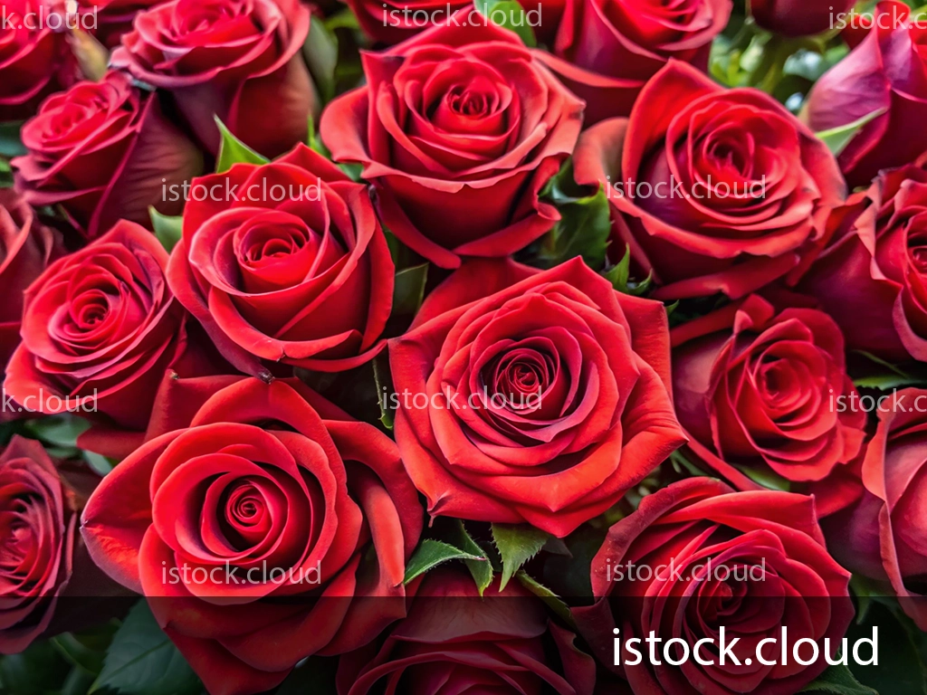 A close-up view of vibrant red roses arranged closely together, showcasing their rich color and intricate petals structure. The background is filled with lush green leaves that complement the roses.