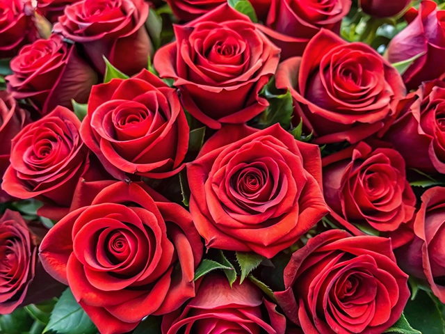 A close-up view of vibrant red roses arranged closely together, showcasing their rich color and intricate petals structure. The background is filled with lush green leaves that complement the roses.
