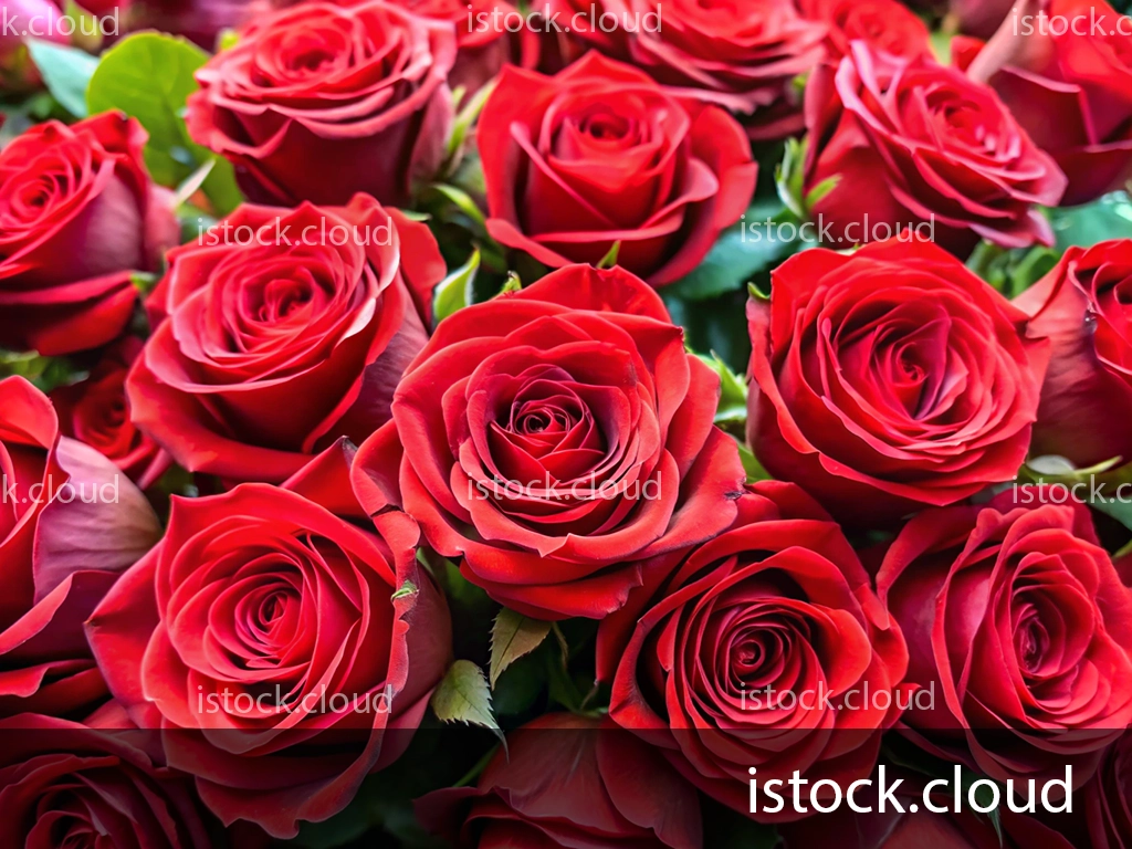 A close-up view of multiple red roses arranged closely together, showcasing their vibrant color and intricate petal details.