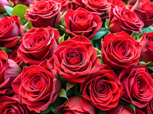 A close-up view of multiple red roses arranged closely together, showcasing their vibrant color and intricate petal details.