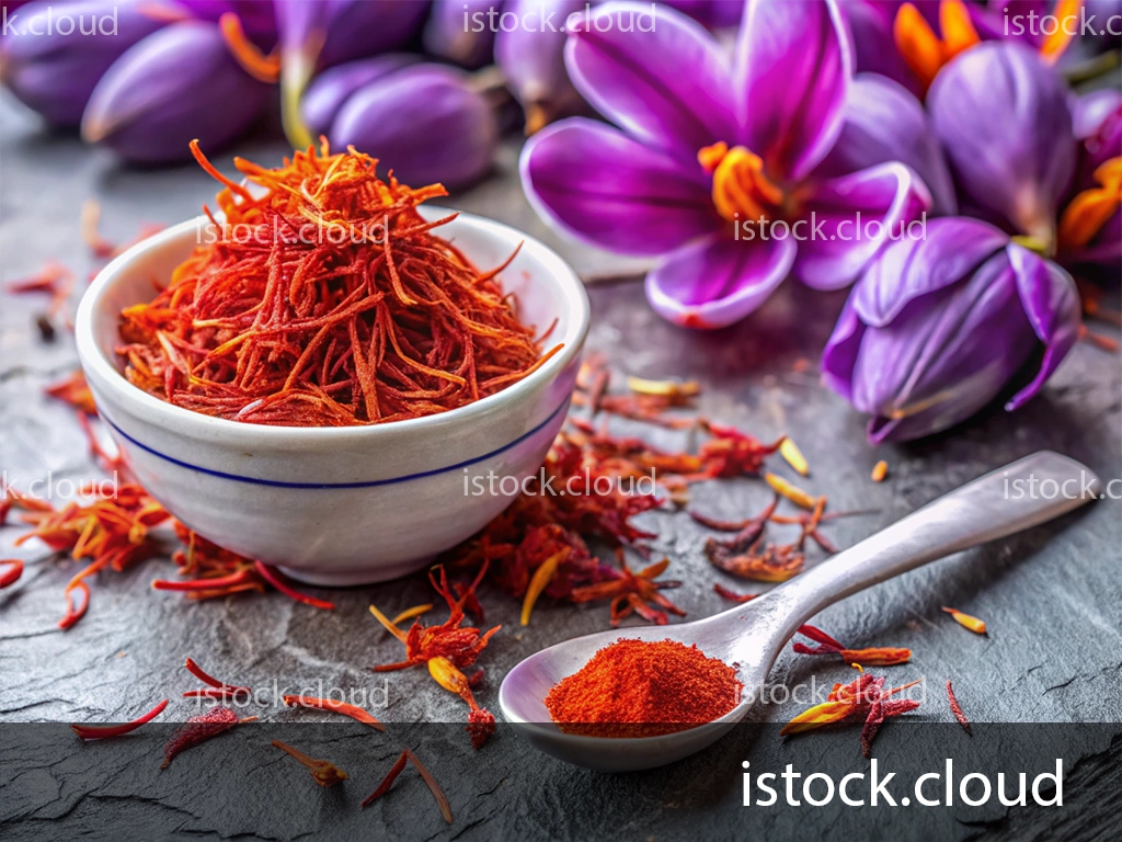 A bowl filled with bright red saffron strands sits next to a silver spoon of saffron powder, surrounded by purple crocus flowers on a slate surface.