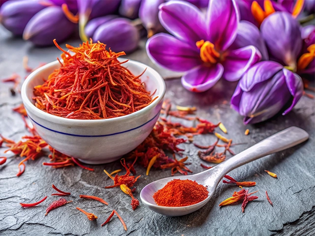 A bowl filled with bright red saffron strands sits next to a silver spoon of saffron powder, surrounded by purple crocus flowers on a slate surface.