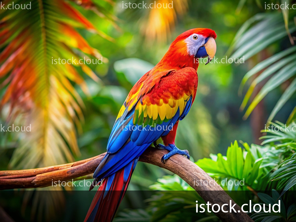 A colorful scarlet macaw perched on a branch, showcasing its striking red, yellow, and blue feathers against a lush, green tropical background.