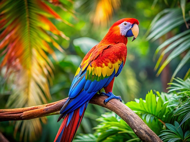 A colorful scarlet macaw perched on a branch, showcasing its striking red, yellow, and blue feathers against a lush, green tropical background.