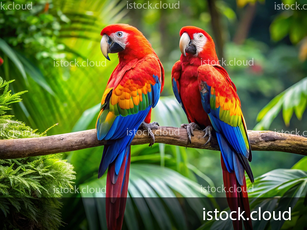 Two scarlet macaws perched on a branch amidst lush green foliage, showcasing their brilliant red, yellow, and blue feathers.