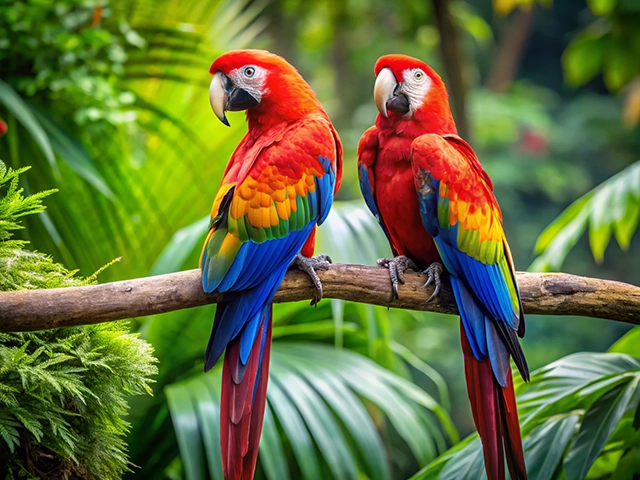Two scarlet macaws perched on a branch amidst lush green foliage, showcasing their brilliant red, yellow, and blue feathers.