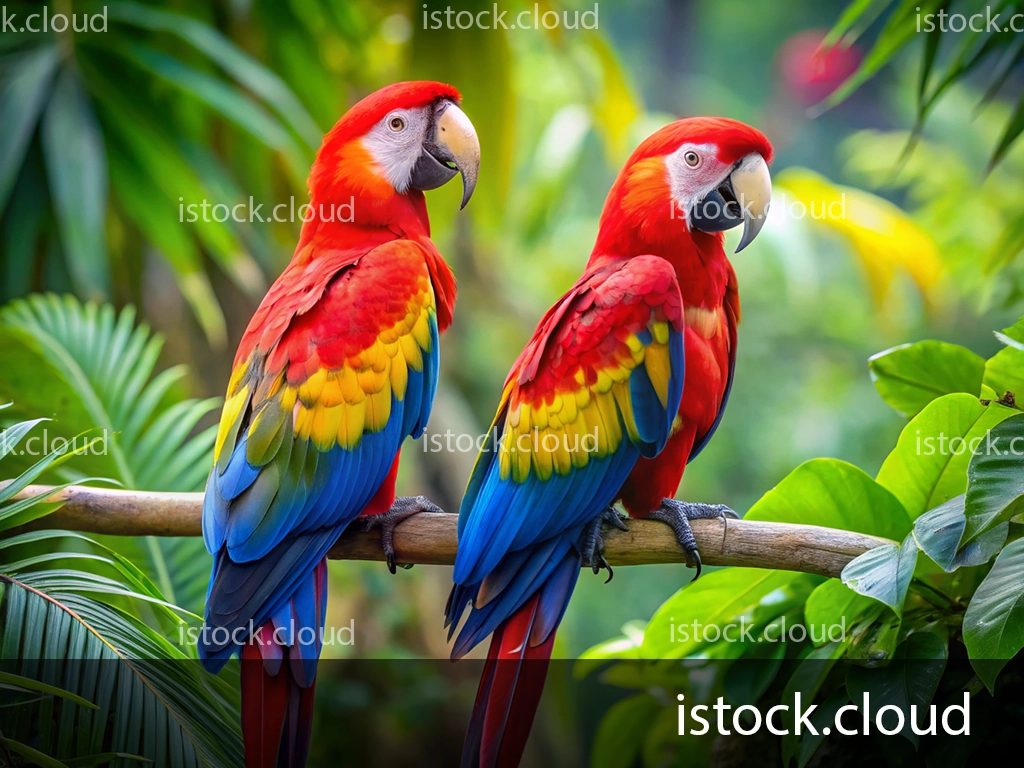 Two striking scarlet macaws perched on a branch surrounded by lush green foliage, showcasing their vivid red, yellow, and blue plumage.