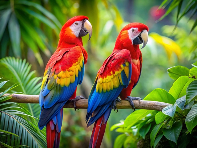 Two striking scarlet macaws perched on a branch surrounded by lush green foliage, showcasing their vivid red, yellow, and blue plumage.