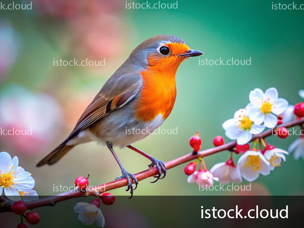 A close-up of a colorful bird, known for its orange chest, perched on a flowering branch with delicate white blossoms and red berries against a blurred green background.