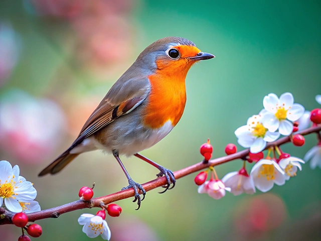A close-up of a colorful bird, known for its orange chest, perched on a flowering branch with delicate white blossoms and red berries against a blurred green background.