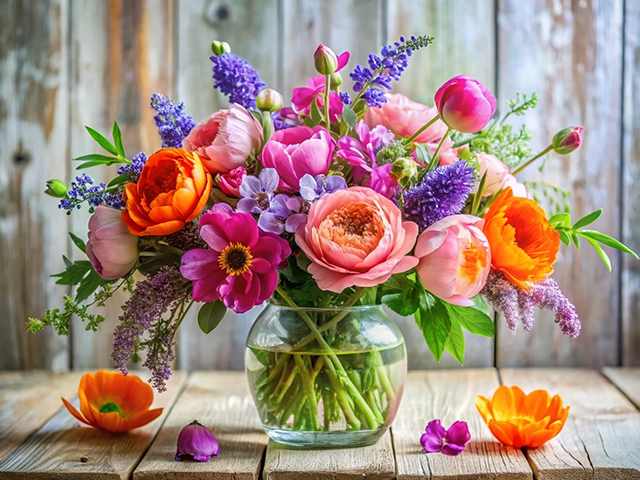  A stunning arrangement of colorful flowers in a clear glass vase, featuring peonies, tulips, and assorted wildflowers on a wooden table, with a ew loose flower petals beside the vase.