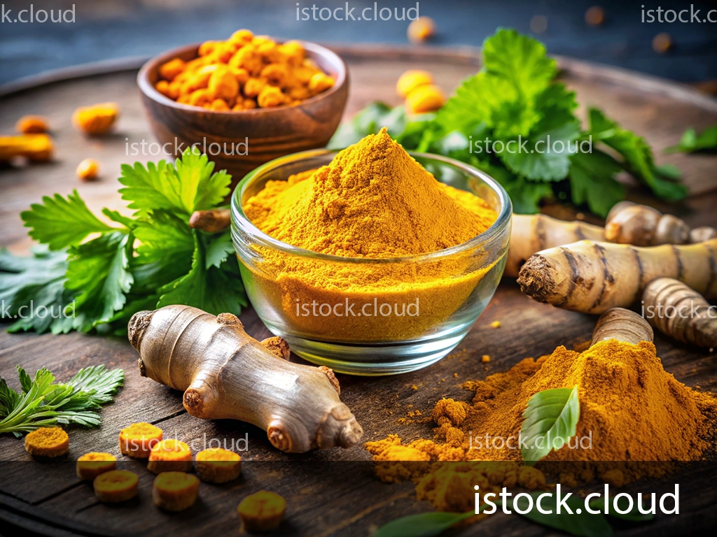 A close-up of turmeric in various forms, including powdered turmeric in a glass bowl, fresh turmeric roots, and dried turmeric pieces, surrounded by fresh cilantro leaves on a wooden surface.