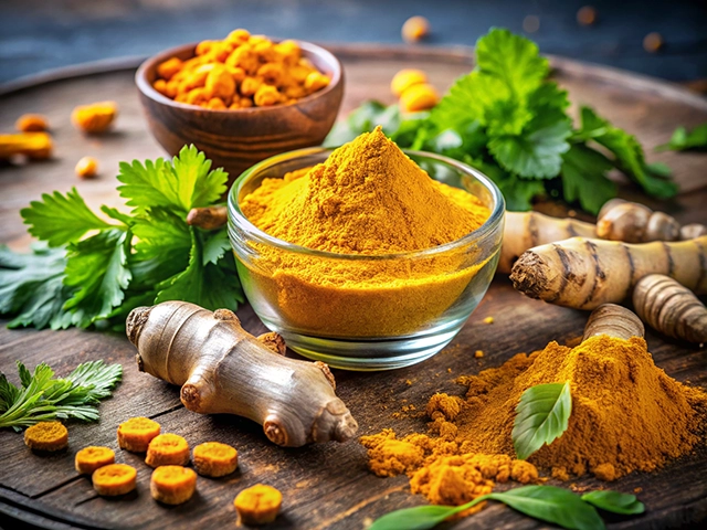 A close-up of turmeric in various forms, including powdered turmeric in a glass bowl, fresh turmeric roots, and dried turmeric pieces, surrounded by fresh cilantro leaves on a wooden surface.