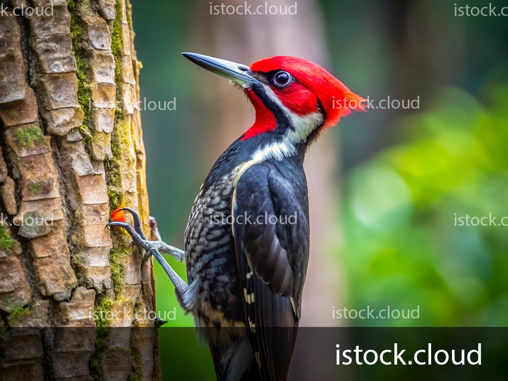 A colorful woodpecker with a striking red crest and black feathers is perched on the side of a tree, actively pecking at the bark.